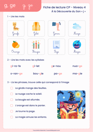 fiche lecture CP son j avec g ge à imprimer