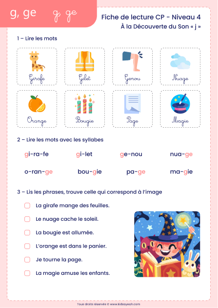 fiche lecture CP son j avec g ge à imprimer