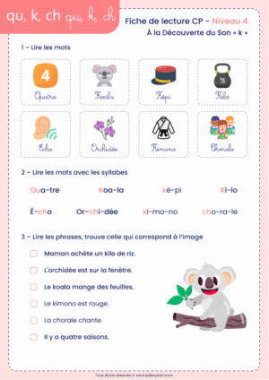 fiche lecture CP son k avec qu k ch à imprimer