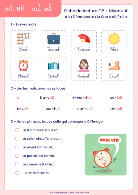 fiche lecture CP sons ail eil à imprimer