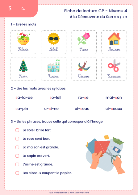 fiche lecture CP sons s et z avec s à imprimer