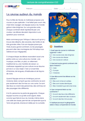 lecture géographie CE2 tour du monde à imprimer