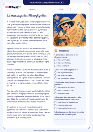 texte de lecture compréhension CE2 Égypte à imprimer