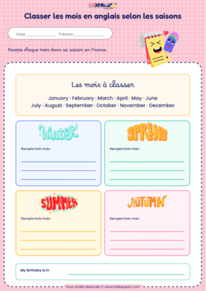 classer les mois en anglais selon les saisons