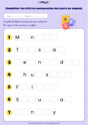 compléter les lettres manquantes des jours en anglais