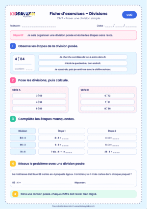 poser une division simple CM2 à imprimer