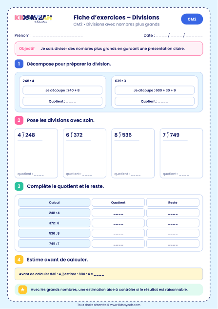 Support étiqueté CM2 : sélectionner 749 divisé par 7, même technique à un chiffre donnant 107