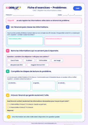 exercice problème CM2 informations utiles à imprimer