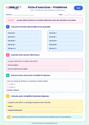 problème fractions nombres décimaux CM2 à imprimer