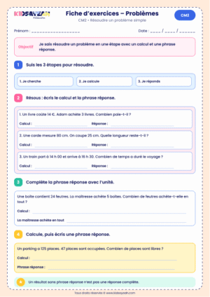 exercice problème CM2 en une étape à imprimer