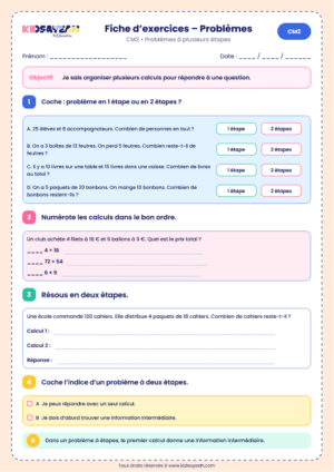 problème CM2 à plusieurs étapes à imprimer