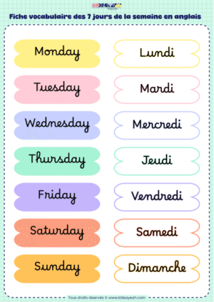 fiche vocabulaire des 7 jours de la semaine en anglais