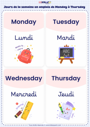 jours de la semaine en anglais de Monday à Thursday
