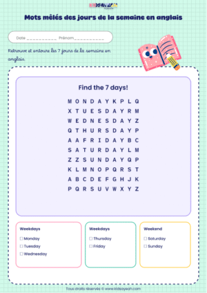 mots mêlés des jours de la semaine en anglais