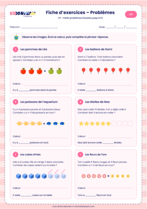 petits problèmes illustrés CP jusqu'à 10 à imprimer