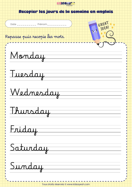 Recopier les jours de la semaine en anglais
