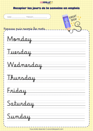 recopier les jours de la semaine en anglais