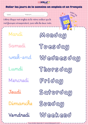relier les jours de la semaine en anglais et en français