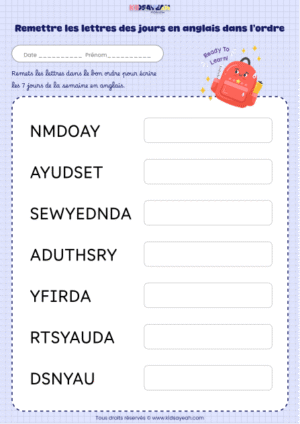 remettre les lettres des jours en anglais dans l’ordre