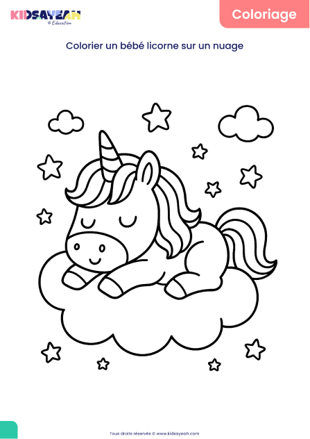 coloriage bébé licorne sur un nuage à imprimer