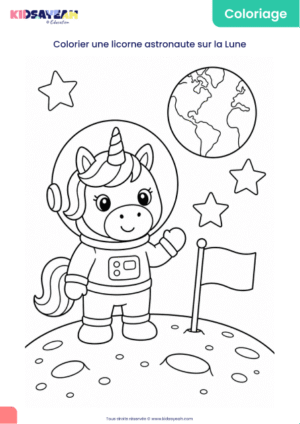 coloriage licorne astronaute sur la Lune à imprimer