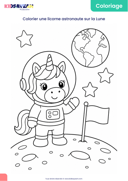 coloriage licorne astronaute sur la Lune à imprimer