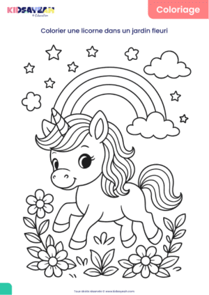 coloriage licorne dans un jardin fleuri à imprimer
