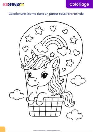 coloriage licorne dans un panier arc-en-ciel à imprimer