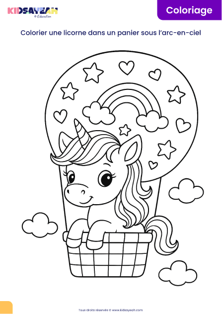 coloriage licorne dans un panier arc-en-ciel à imprimer