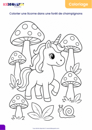 coloriage licorne forêt de champignons à imprimer