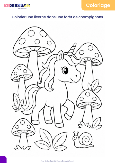 coloriage licorne forêt de champignons à imprimer
