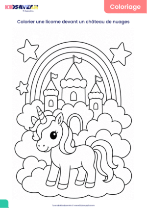 coloriage licorne devant un château de nuages à imprimer