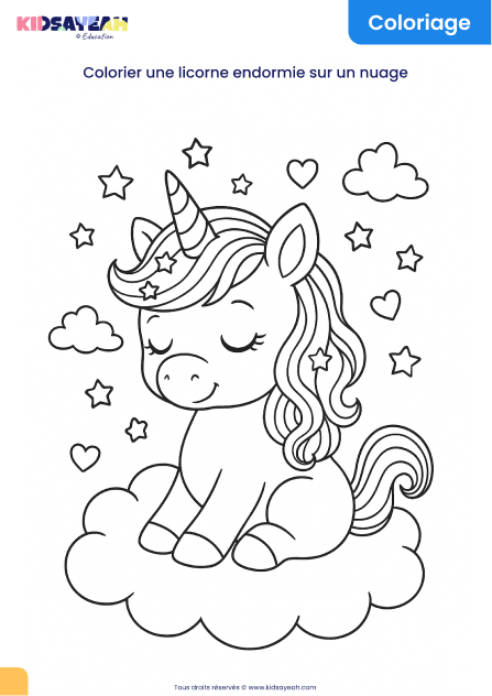 coloriage licorne endormie sur un nuage à imprimer