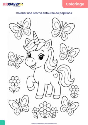 coloriage licorne entourée de papillons à imprimer