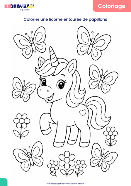 coloriage licorne entourée de papillons à imprimer