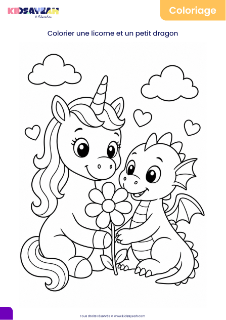 coloriage licorne et petit dragon à imprimer