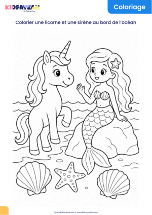 coloriage licorne et sirène au bord de l’océan à imprimer