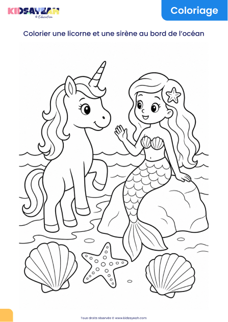 coloriage licorne et sirène au bord de l’océan à imprimer