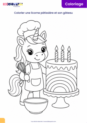 coloriage licorne pâtissière et gâteau à imprimer