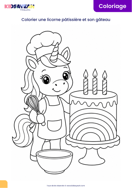 coloriage licorne pâtissière et gâteau à imprimer