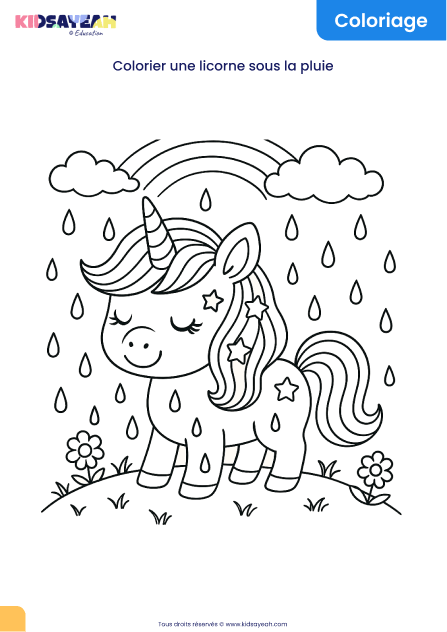 coloriage licorne sous la pluie à imprimer
