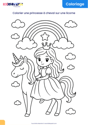 coloriage princesse à cheval sur une licorne à imprimer