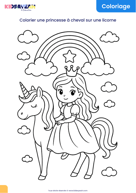 coloriage princesse à cheval sur une licorne à imprimer