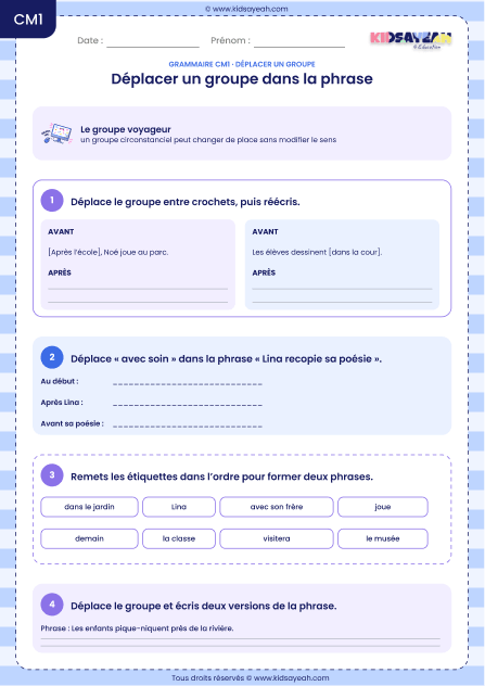 déplacer un groupe dans la phrase CM1