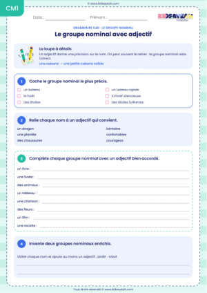 groupe nominal avec adjectif CM1 exercices