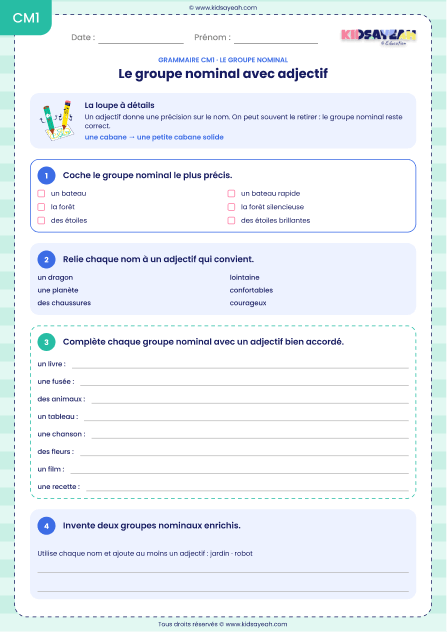 groupe nominal avec adjectif CM1 exercices
