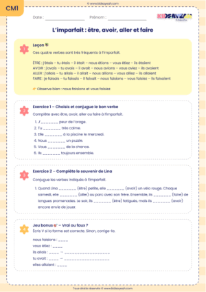 imparfait des verbes être avoir aller et faire CM1