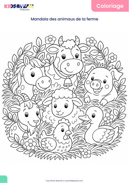 Mandala animaux de la ferme à colorier pour enfants