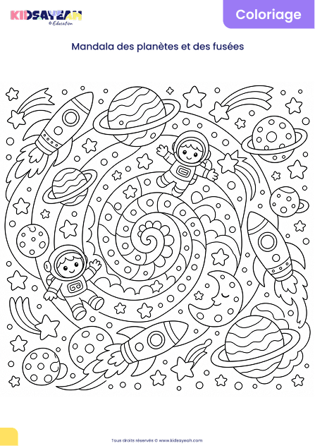 Mandala espace planètes et fusées à colorier