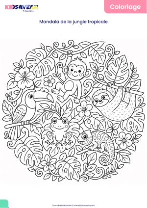 Mandala jungle tropicale à colorier pour enfants